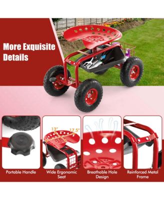 Garden Cart Patio Wagon Rolling Work Seat with Tool Tray Basket Planting