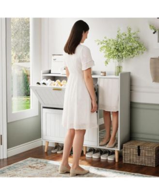 White Wooden Shoe Cabinet with Mirror 2 Flip Drawers and Side Storage Cabinet Freestanding Modern Shoe Storage with Adjustable shelves