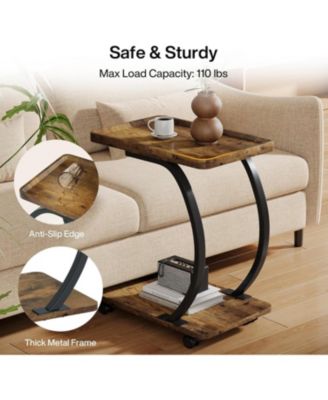 C-Shaped End Table, Industrial 2-Tier Small Side Table with Wheels, Wood Bedside Snack Couch Table with Metal Frame.