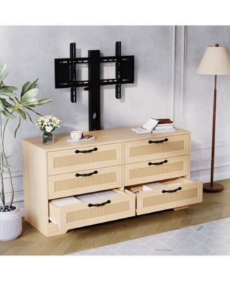 TV Stand with Mount, 47.2" Modern Entertainment Center 6-Drawer Rattan Dresser