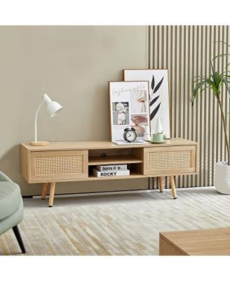 55.12" Rattan TV Cabinet, Double Sliding Doors for Storage, Adjustable Shelf, Solid Wood Legs,TV Console for Living Room