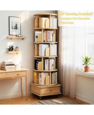 6 Tier Rotating Bookshelf with Drawers On Wheel, 360° Display Spinning Corner Bookcase, Wooden Storage Rack for Study Room