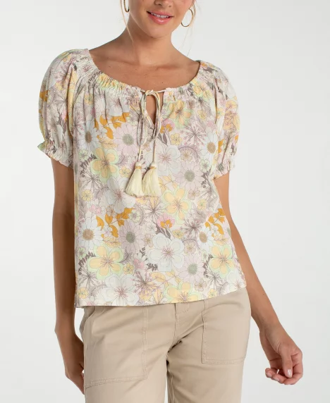 Petite Tie-Neck Woven Top - Pristine Multi