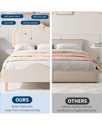 Twin Upholstered LED Bed Frame Adjustable Headboard Velvet Princess Platform Wooden Slats No Box Spring