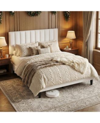 QUEEN Size Bed Frame, Velvet Upholstered Platform Bed with Adjustable Vertical Channel Tufted Headboard, No Box Spring Needed, Easy Assembly