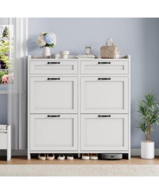 Shoe Cabinet with 4 Flip Drawers and 2 Top Drawers High-Gloss Painted Wood Shoe Organizer with Adjustable Shelves Freestanding Shoes.