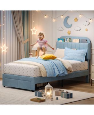 Kids Twin Bed Frame Set — Upholstered Platform Beds with Storage Drawer & Bookcase Headboard (2-Pack)
