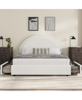 Full Bed Frame Storage Drawers Upholstered Boucle Platform Round Headboard Heavy Duty Noise-Free No Box Spring White