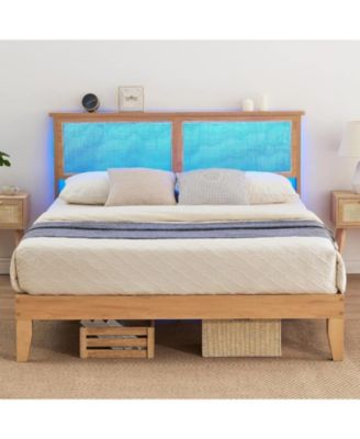 Rattan Bed Frame Wood Headboard LED Lights Wooden Slats Noise-Free Easy Assembly No Box Spring.