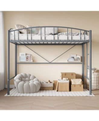 Twin Metal Loft Bed, Steel Frame, Arched Guardrails, Ladder, Space-Saving