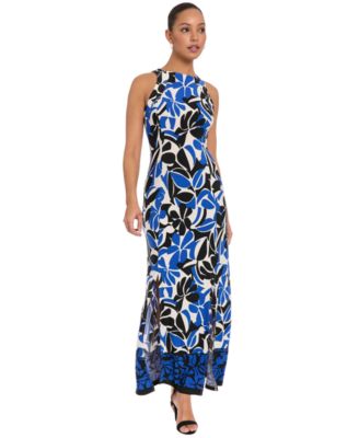 halter neck plunge dress London Times Women's Morris Diamond Basket Printed Keyhole Halter Maxi Dress Blue / 14 main image 1