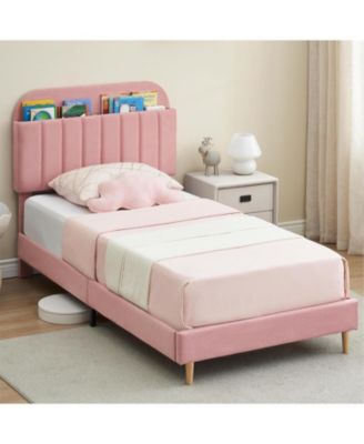 Upholstered Platform Bed Frame with Bookcase Headboard, Velvet Platform Bed Mattress Foundation, Heavy Duty Steel Support Legs