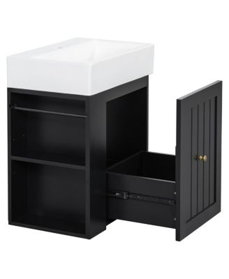 20" Bathroom Vanity with Ceramic Sink, Wall Mounted Storage Cabinet with Drawer & Side Shelf for Small Bathrooms