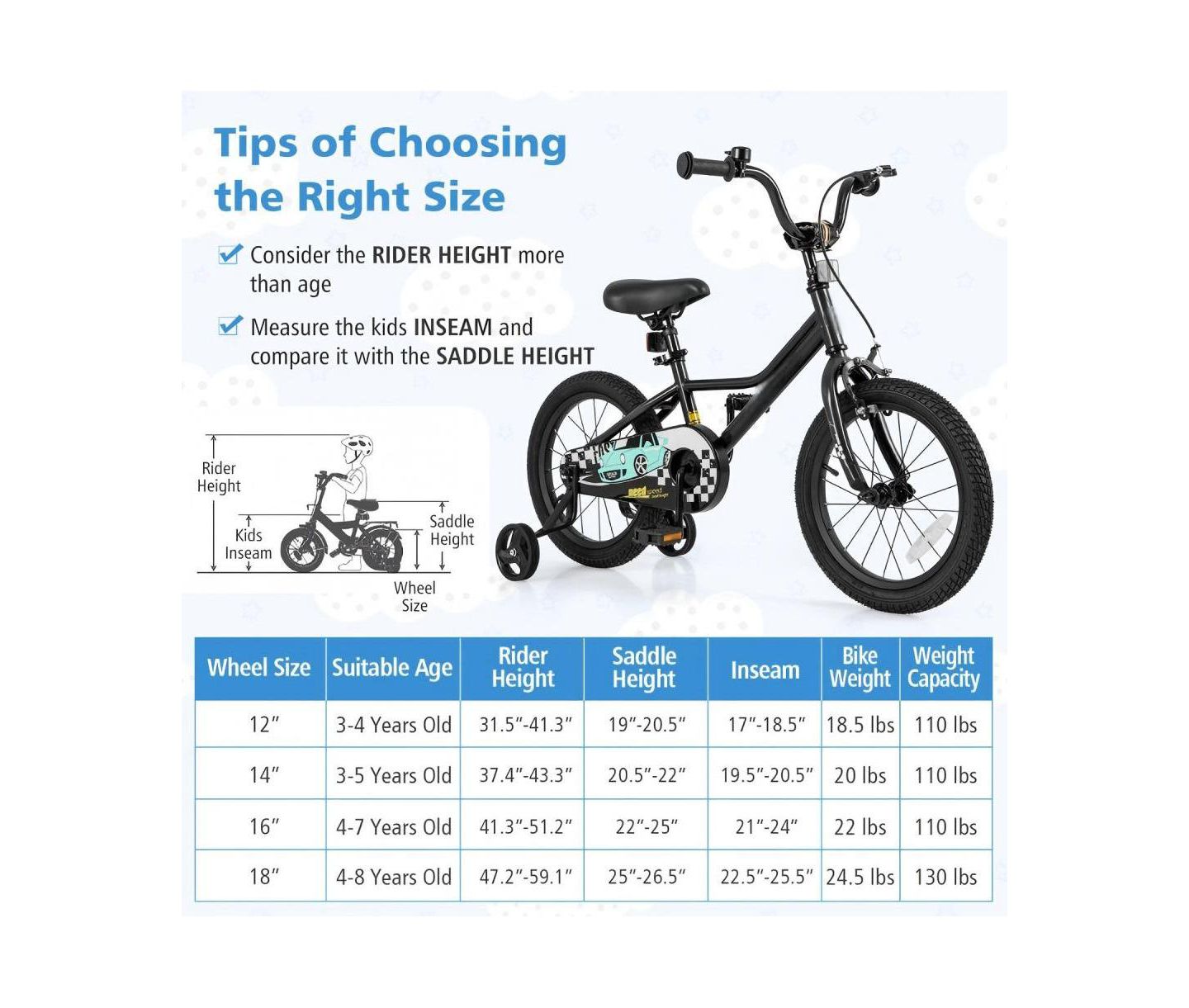 Детская игрушка HONGGE 16 Inch Kids' Bike with Adjustable Seat and Training Wheels, Ages 3-8, цвет: Чёрный — фото 2