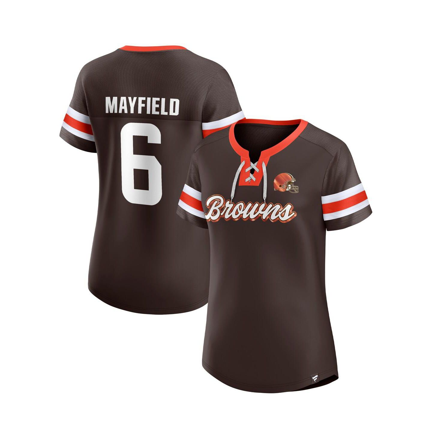 Женская футболка Fanatics Baker Mayfield Brown Cleveland Browns Athena Name & Number Notch Neck — фото 1