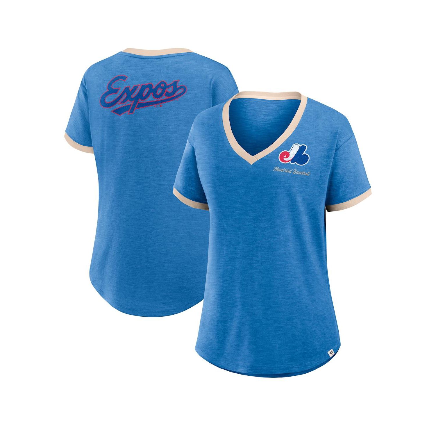 Women's Blue Montreal Expos Cooperstown Collection Binge Worthy Stadium Slub V-Neck T-Shirt