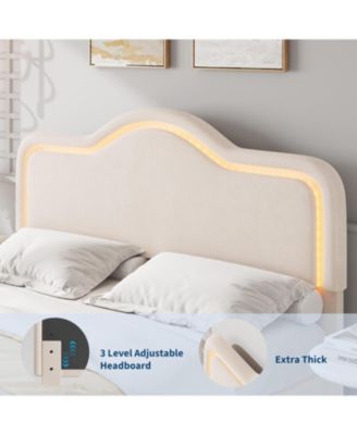 Full Size Upholstered LED Bed Frame with Adjustable Headboard and Footboard, Velvet Princess Platform Bedframe for Kids/Girls, Easy Assembly