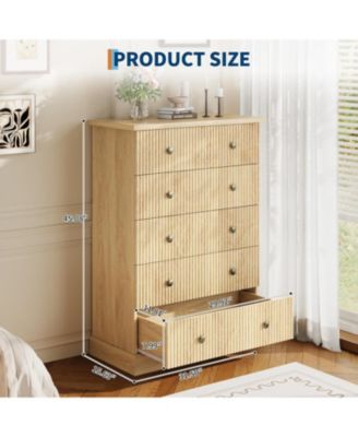 5 Drawer Tall Dresser for Bedroom, Fluted Vertical Chest of Drawers, Wood Storage Dresser with Metal Handles