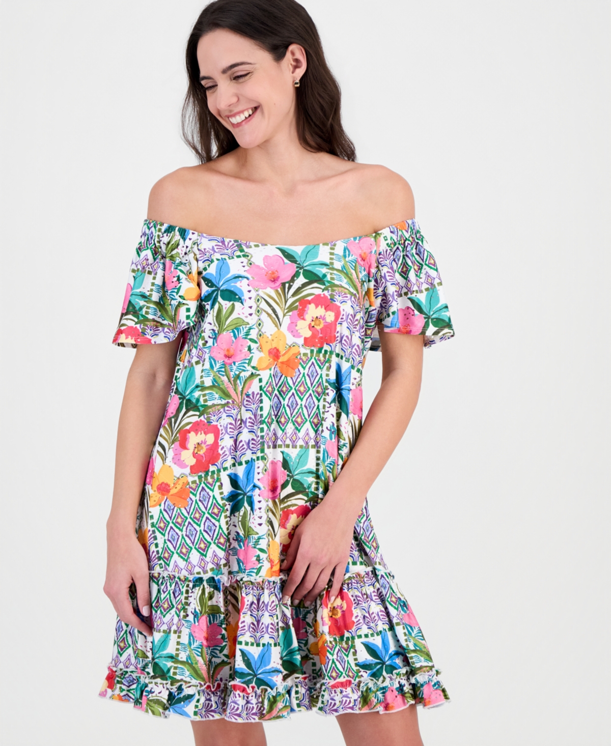 Robbie Bee Petite Off-The-Shoulder Printed Eyelet Dress