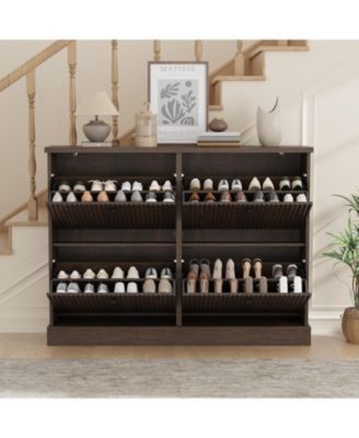 Shoe cabinet with 4 flip drawers, adjustable shelves, fluted design, and a sturdy top. A slim wooden organizer ideal for entryways.