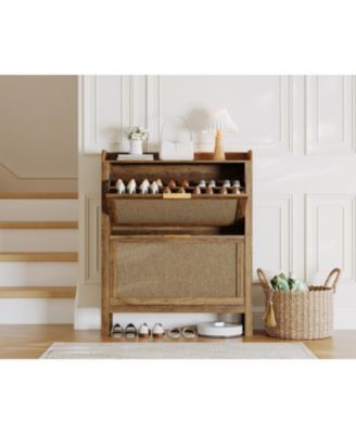 Farmhouse Rattan Shoe Cabinet 32 Inch Narrow Shoe Storage with 2 Flip-Down Drawers Freestanding Entryway Organizer with Adjustable Shelves