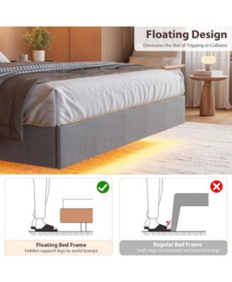 Queen Floating Bed Frame with LED Lights and USB Charging- Modern Upholstered Platform with Headboard- No Box Spring- Easy Assembly