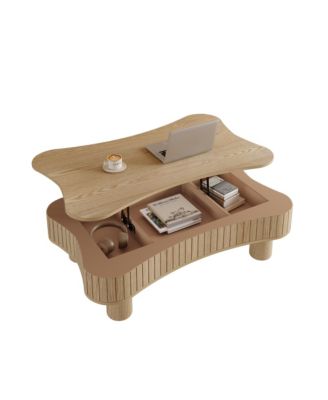 Lift Top Coffee Table - Fluted-Panel Wooden Center Table, Hidden Storage, Silent Hydraulic Lift, Curved Corners for Living Room
