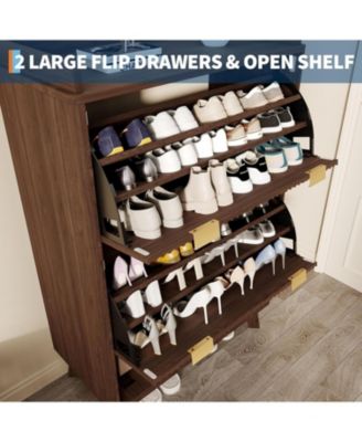 Fluted Shoe Storage Cabinet for Entryway with 2 Flip Drawers and Adjustable Shelves 48 inch Tall Freestanding Narrow Wood Shoe Cabinet