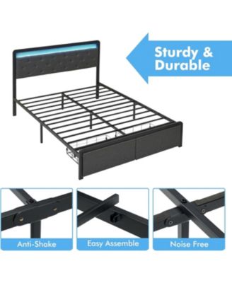 Queen Upholstered Platform Bed Frame LED Headboard 2 Storage Drawers Metal Slats No Box Spring Easy Assembly
