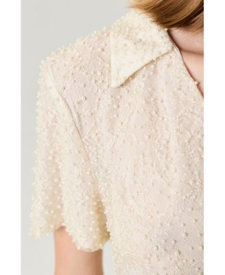 Women's Pearl Embellished Bow Crop Blouse