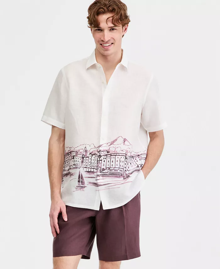 Men's Resort Scene Linen Short-Sleeve Shirt