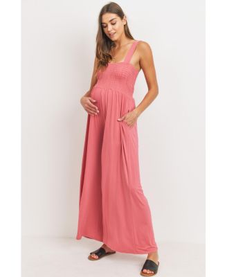 Maternity Sleeveless Smocked Bodice Wide-Leg Jumpsuit with Pockets
