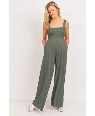Maternity Sleeveless Smocked Bodice Wide-Leg Jumpsuit with Pockets