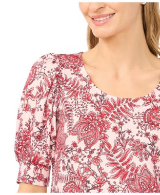 Women's Crew Neck Shirred Short-Sleeve Blouse