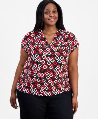 Plus Size Pleated V-Neck Cap-Sleeve Top