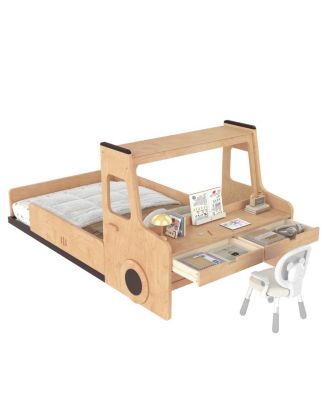  Twin Size Car-Shape Floor Bed with Storage Drawers and Desk