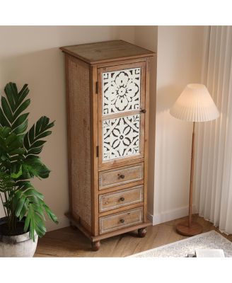 Rustic Wooden Storage Cabinet with Decorative Cutout Door & 3 Drawers