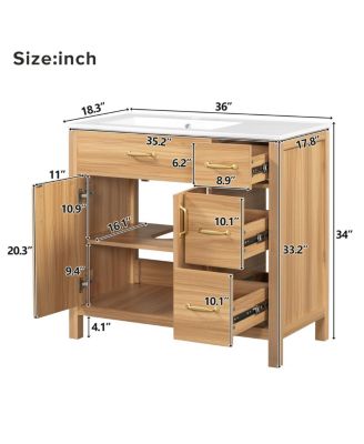 36 Inch Wood Bathroom Vanity with Ceramic Sink, Solid Wood Frame, Soft Close Storage Drawers for Small Bathrooms