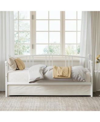 Twin Daybed with Trundle Metal Twin Pullout Trundle Steel Slats Casters Sofa Bed for Living Room Guest Room
