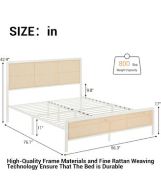  Bed Frame LED Lights Rattan Headboard Heavy Duty Metal Slat Supports Platform Bed Easy Assembly No Box Spring