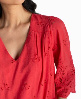 Petite V-Neck Eyelet Woven Top