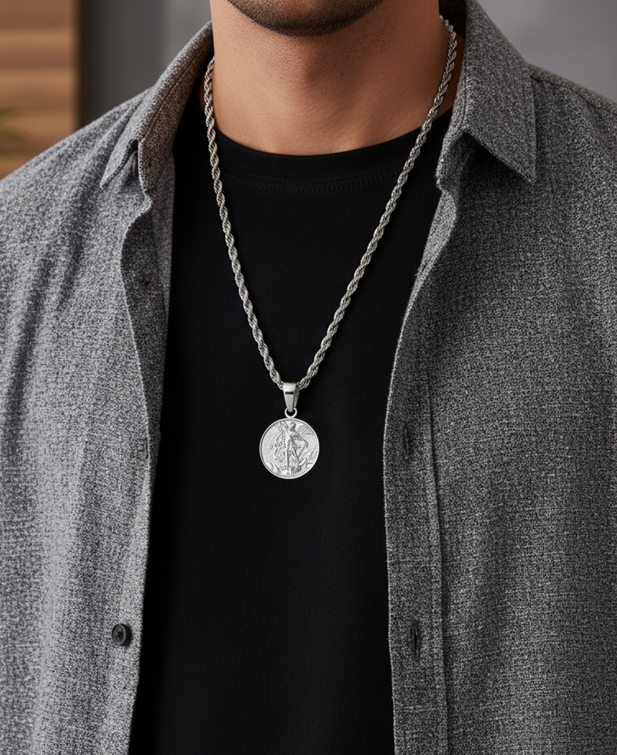 Rhona Sutton Men's Stainless Steel St. Michael Pendant Necklace