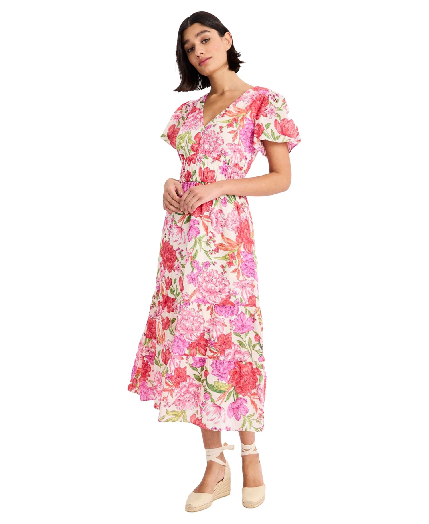 Women's Puff-Sleeve V-Neck Midi Dress