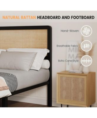 Metal Platform Bed Frame Natural Rattan Headboard, Bohemian Mattress Foundation With Strong Slats Support, No Box Spring Needed