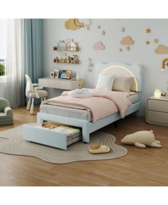 Twin-XL Upholstered Platform Bed Adjustable LED Headboard Storage Drawer Wooden Slats No Box Spring