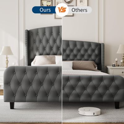  Bed Frame Deep Button Tufted Wingback Headboard Velvet Upholstered Platform No Box Spring Easy Assembly