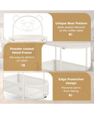 2-Tier Mobile Glass Coffee Table w/ Bear Pattern Storage Basket Transparent