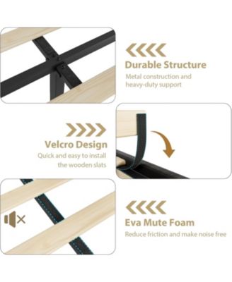 Queen Metal Platform Bed Frame Velvet Upholstery Nailhead Trim Tall Headboard Wooden Slats Noise-Free