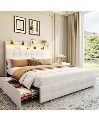 Bed Frame with Headboard and 2 Storage Drawers,  Upholstered Bed Frame with LED Light, Modern Soft Bed with Charging Socket and USB