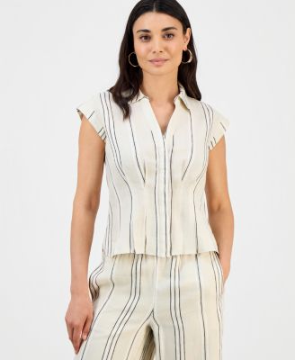 Petite Printed Short-Sleeve Collared Button-Up Blouse